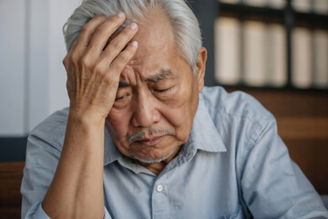 Fototapeta premium Asian pensioner sitting with hand on head, problems, bank debt, loneliness. Health problems, stress and depression