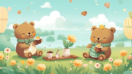 Three cartoon bears enjoying a picnic in a sunny meadow, one baby bear and two adult bears, with scattered flowers, food items, and floating leaves around them.