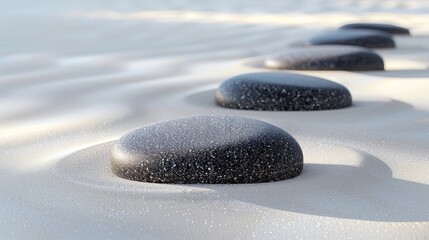 Background of white sand and three black round stones 