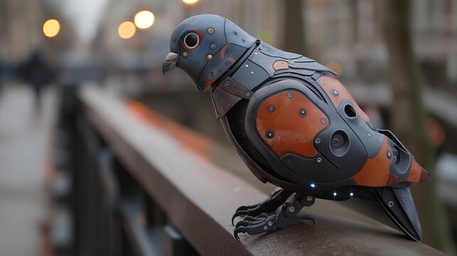 mechanical robot pigeon bird standing on the bridge parapet in the city. 
