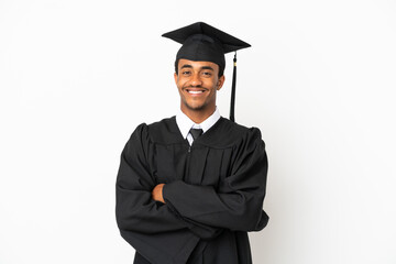 African American university graduate man over isolated white background keeping the arms crossed in...