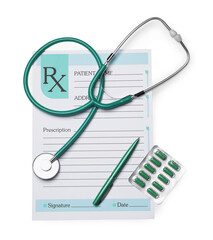 Medical prescription form, stethoscope and pills on white background, top view