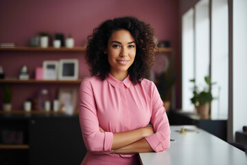 A minimalist office space with a professional ambiance, showcasing a young businesswoman wearing a pink shirt, radiating positivity and confidence, her arms crossed as she gazes into the camera.