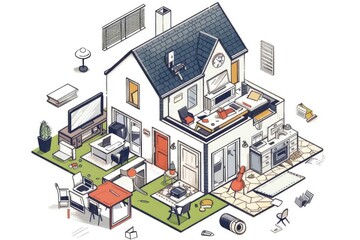 Naklejka premium A detailed illustration of a house with a kitchen and living room. Perfect for real estate and interior design concepts