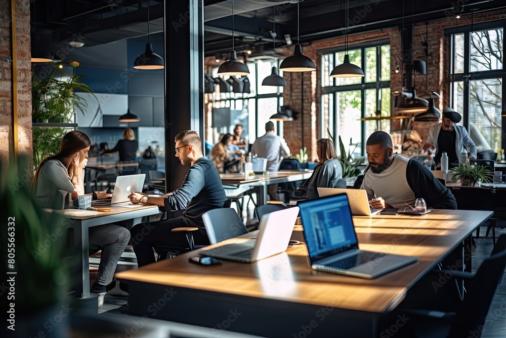 Poster modern office space with multiple people working at individual tables on laptops, in a room with lar