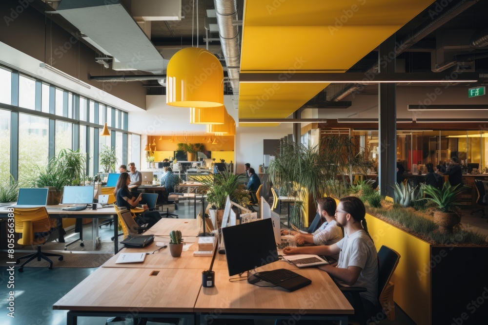 Aufkleber modern office space with multiple people working at individual tables on laptops, in a room with lar