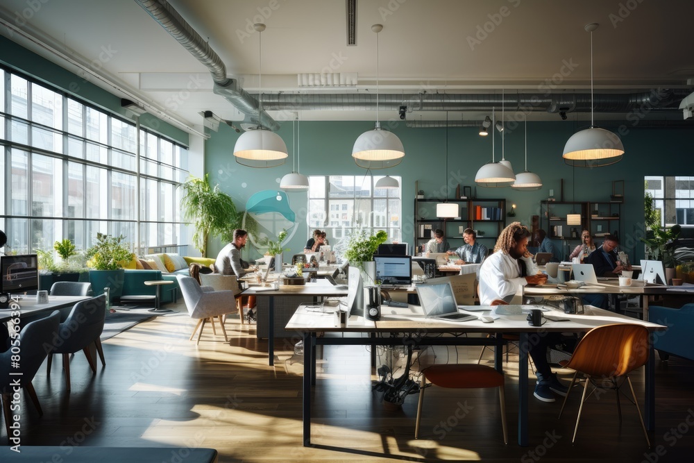 Poster modern office space with multiple people working at individual tables on laptops, in a room with lar