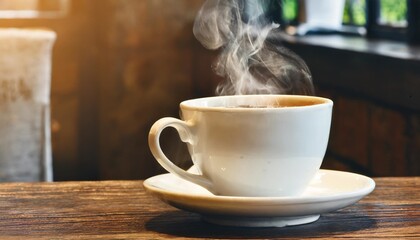 coffee cup with steam on table in coffee shop stock photo