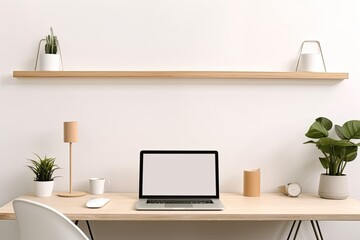 A minimalist workspace featuring a laptop with a black screen, a desk lamp, a vase with white flowers, books, and stationery on a wooden desk against a light beige wall.