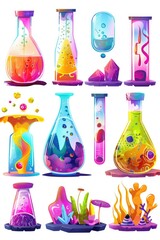 Laboratory flasks filled with colorful liquid, suitable for science and education purposes