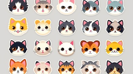 Obraz premium Illustration of sixteen cartoon cats with various fur colors and patterns, arranged in four rows, smiling and facing forward.