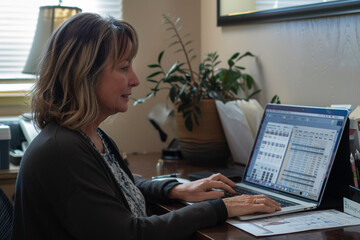 With a calm and collected demeanor, a mature woman therapist sits at her desk, her laptop screen displaying patient records and research findings