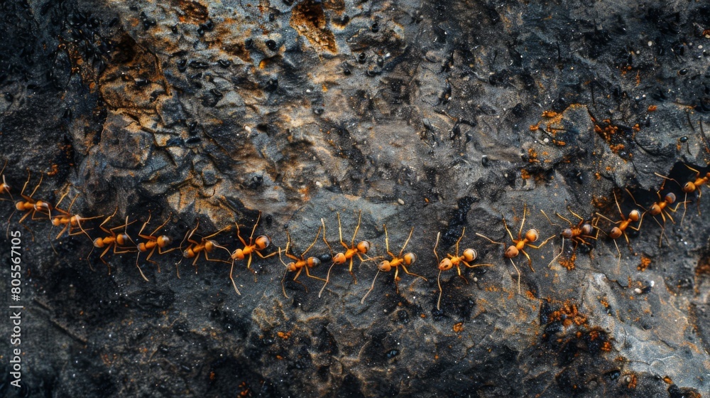 Poster An overhead view of industrious ants marching in a straight line, transporting food to their nest with remarkable efficiency.