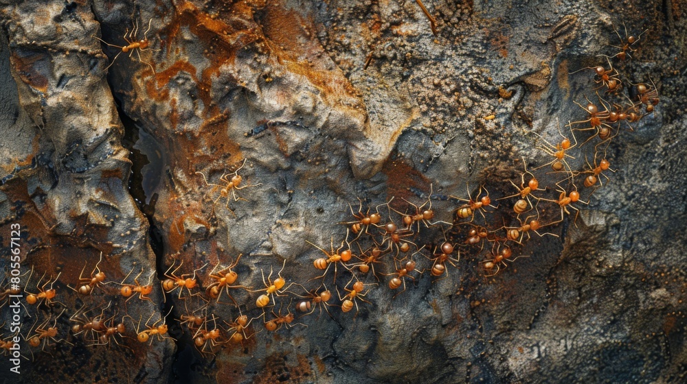 Poster An overhead view of industrious ants marching in a straight line, transporting food to their nest with remarkable efficiency.