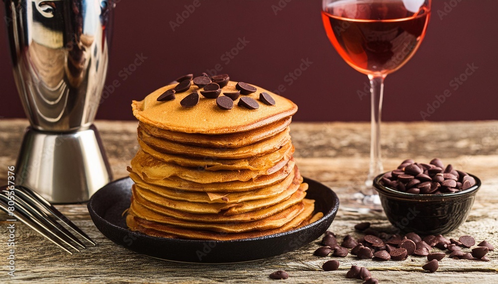 Sticker a stack of pancakes sitting on top of a wooden table next to a bowl of chocolate chips and a glass o