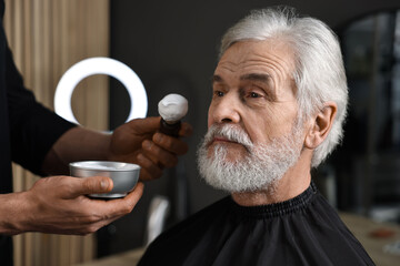Professional barber working with client's mustache in barbershop