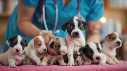 An uplifting image of a veterinarian administering vaccines to a litter of adorable puppies, promoting responsible pet care.