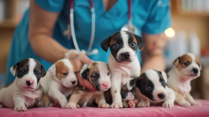 Obraz premium An uplifting image of a veterinarian administering vaccines to a litter of adorable puppies, promoting responsible pet care.