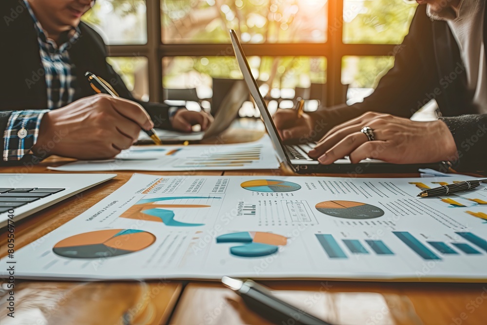 Poster Two people sitting at a table reviewing colorful business charts and graphs, with one using a laptop and the other taking notes with a pencil.