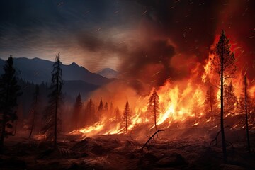 A large wildfire blazing intensely on a mountainside, with tall silhouetted pine trees in the foreground and an orange and smoky sky in the background.