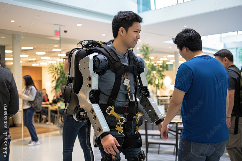 Poster A young man wearing an advanced robotic exoskeleton in an indoor public space, interacting with another man.