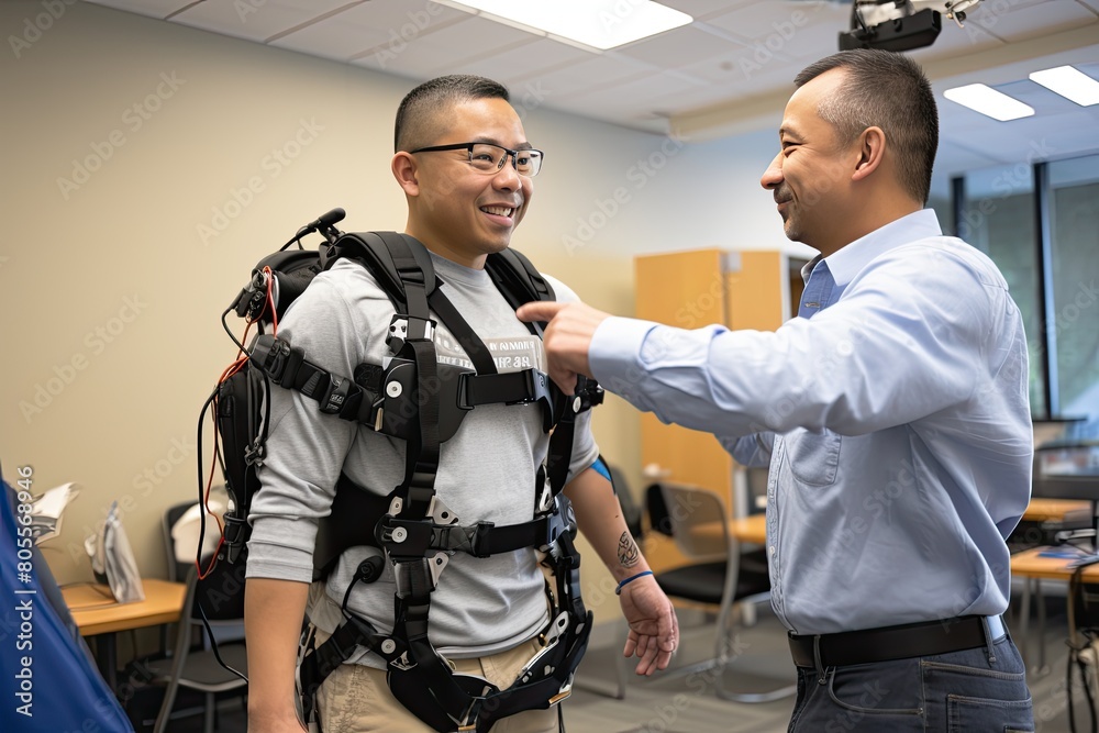 Poster a young man wearing an advanced robotic exoskeleton in an indoor public space, interacting with anot