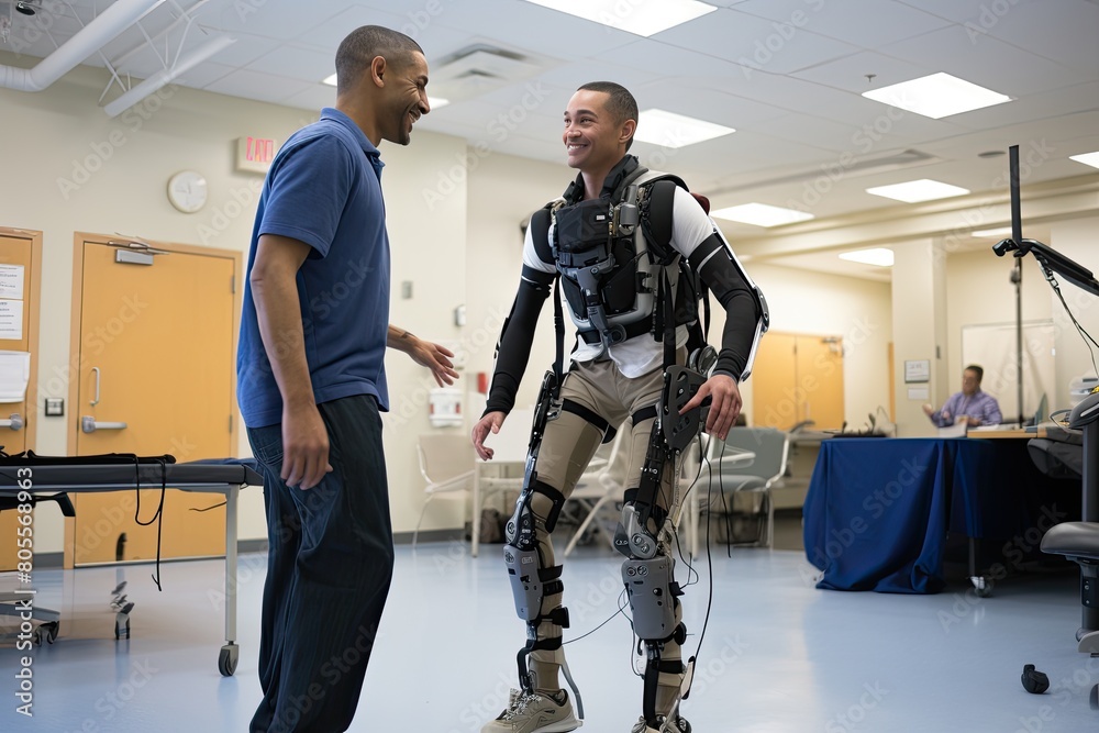 Poster a young man wearing an advanced robotic exoskeleton in an indoor public space, interacting with anot