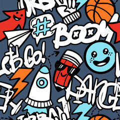 Fototapeta premium Doodle seamless pattern with cool monsters and school elements on blue background. Print for kids