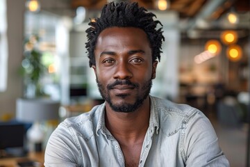 Professional looking man with neatly styled dreadlocks and a gentle gaze in an office setting