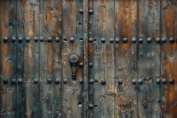 A detailed view of a metal door with rivets. Suitable for industrial concepts