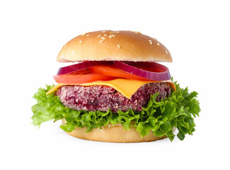 Tasty vegetarian burger with beet patty isolated on white