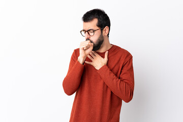 Caucasian handsome man with beard over isolated white background is suffering with cough and feeling bad