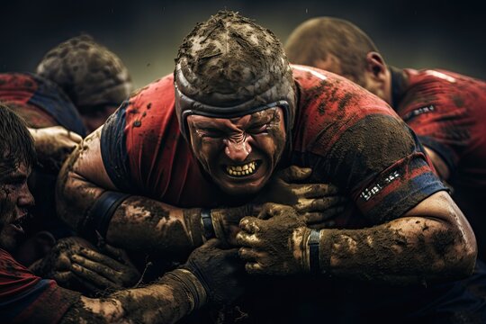 Close-up of a rugby player covered in mud, gritting his teeth with determination, surrounded by other muddy players in a huddle.