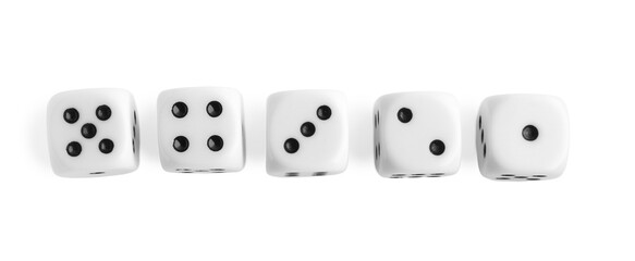 Many dices isolated on white, top view. Game cubes