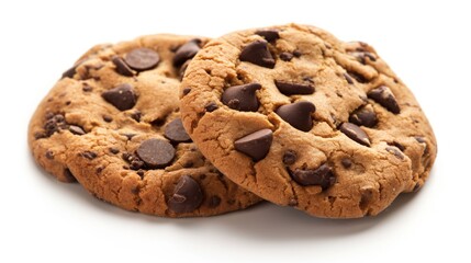 Two chocolate chip cookies arranged neatly on a plain white background