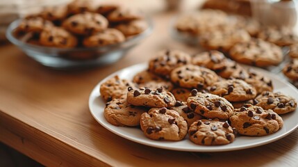 Freshly baked chocolate chip cookies arranged on a plate on a wooden table