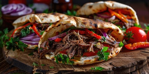 Two delicious pita sandwiches with meat and vegetables, perfect for food blogs or restaurant menus