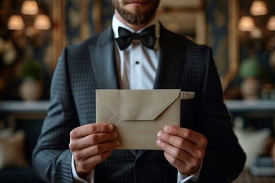 A sophisticated man in a suit carefully holds an envelope, carrying a sense of importance and secrecy