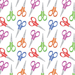 Seamless pattern with colorful scissors. Vector background with accessories for needlework, sewing, paper cutting. For office wrapping paper.
