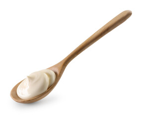 Natural yogurt in wooden spoon isolated on white