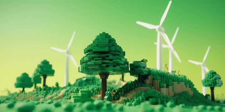 a field with windmills in the distance under a blue sky, a banner, in the style of a children's constructor