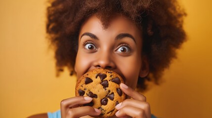 A Black woman with eyes wide open eating a chocolate chip cookie