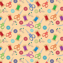 Seamless pattern with scissors, threads, buttons, pins, and needles. Vector background with tools and accessories for needlework and sewing.