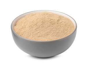 Dietary fiber. Psyllium husk powder in bowl isolated on white