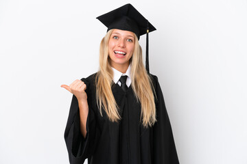Young university graduate caucasian woman isolated on white background pointing to the side to present a product