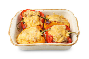 Delicious stuffed peppers in baking dish isolated on white