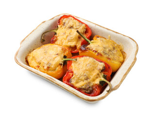 Delicious stuffed peppers in baking dish isolated on white