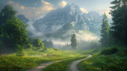 Mountain Scene With Flowers and Trail