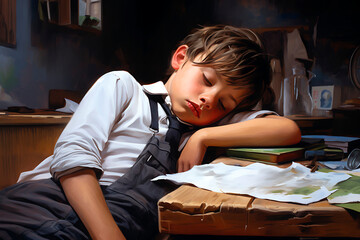 Fototapeta premium Fatigue after long school day. Tired child after a long day of school