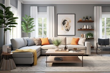 Modern living room with a grey sectional sofa decorated with orange and yellow cushions, a wooden shelving unit with books and plants, and a small wooden coffee table